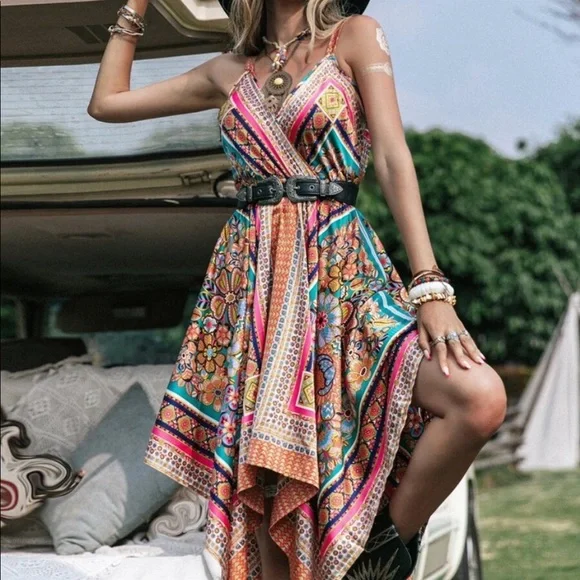 Dresses | Boho Floral Print Satin Asymmetrical Handkerchief Hem 